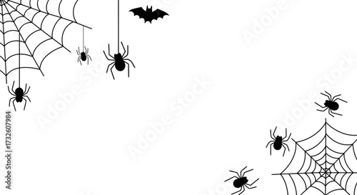 Halloween Spiders, Bat, and Spiderweb Border on White Background with Copy Space