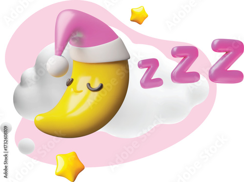Cute crescent moon character wearing pink night cap sleeping in clouds vector 3D plastic style, sweet dreams on the sky