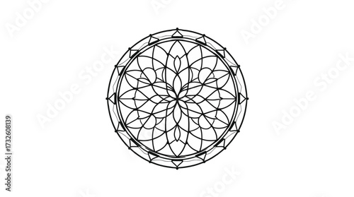 Black and white circular geometric design with repeating patterns and radial symmetry on a white background.