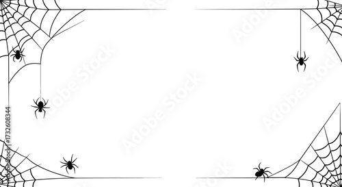 Halloween Spiders and Spider Webs Frame Border. Spooky Black and White Vector Illustration with Copy Space for Seasonal Designs, Invitations, and Backgrounds.