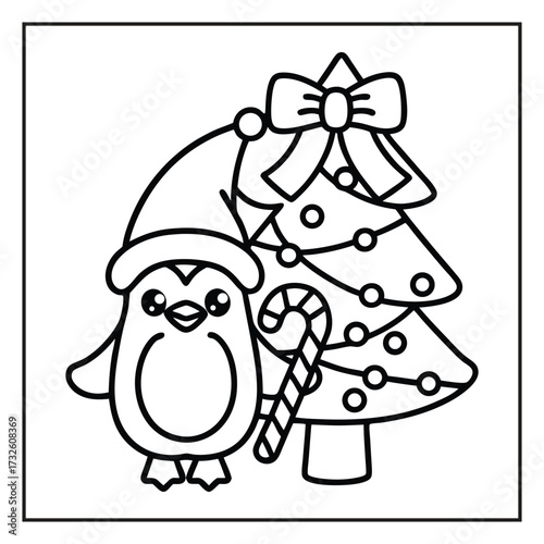 Festive Penguin and Christmas Tree: A charming illustration of a penguin wearing a Santa hat stands beside a decorated Christmas tree, complete with a candy cane.