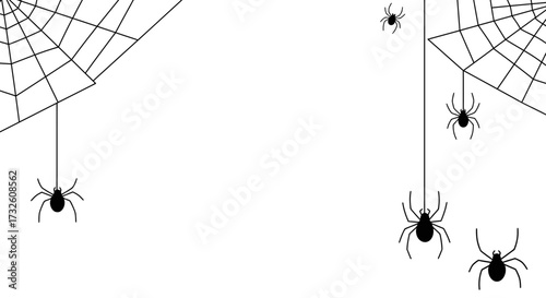Minimalist Halloween Spiders and Cobwebs Border Graphic on White Background with Copy Space