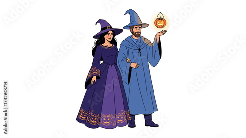 Halloween Couple: A bewitching illustration showcases a charismatic wizard and witch, intertwined in an enchanting scene for Halloween, filled with vibrant colors and a whimsical spirit.