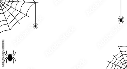 Minimalist Halloween Spider Web Frame with Hanging Spiders on White Background