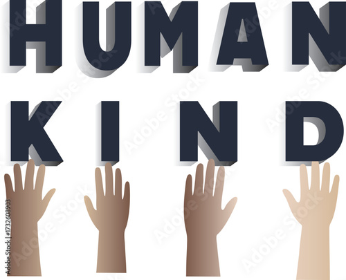 “Humankind Unity” An uplifting design featuring the word "HUMANKIND" in 3D letters held up by diverse hands, symbolizing unity, support, and the strength of shared humanity. Perfect for promoting toge