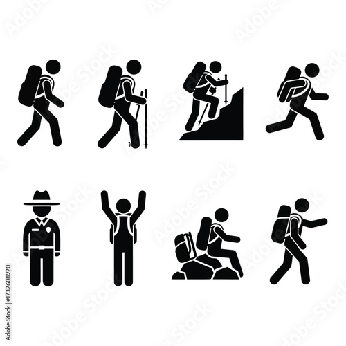 Hiking and backpacking icon set people enjoying outdoor adventure activities silhouette collection silhouette