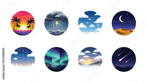 Collection of eight circular icons illustrating various weather conditions and natural sky phenomena, from sunsets and storms to auroras and meteor showers.