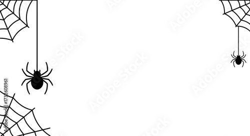 Minimalist Halloween Spiders and Cobwebs Border on White Background - Creepy Graphic Design Element