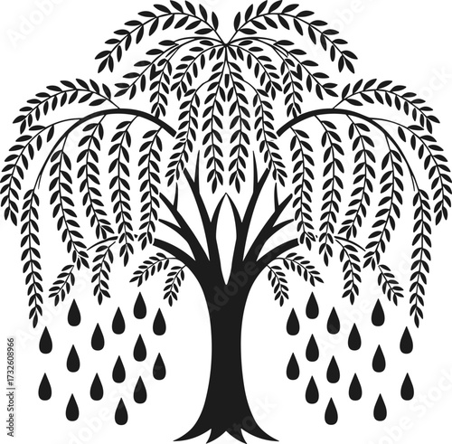 Weeping Willow Silhouette with Drooping Branches and Falling Shapes – Emotional Tree Vector, Nature Symbolism, Black Design, Conceptual Illustration