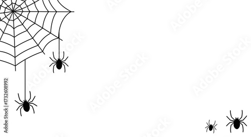 Minimalist Halloween Spiders and Spiderweb Border on White Background with Copy Space