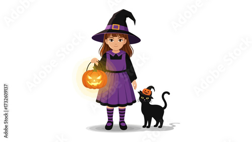 Spooky Little Witch: A charming little witch, adorned in a pointy hat and flowing purple dress, stands ready for Halloween, a jack-o'-lantern casting a warm glow and a sleek black cat by her side.