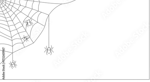 Simple Halloween Spider Web and Spiders Line Art Illustration. Spooky Corner Design with White Copy Space.