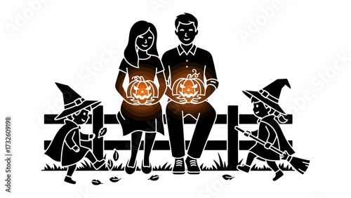 Happy Halloween Family: A family sits holding glowing carved pumpkins, the children in costumes celebrating the joyous holiday.