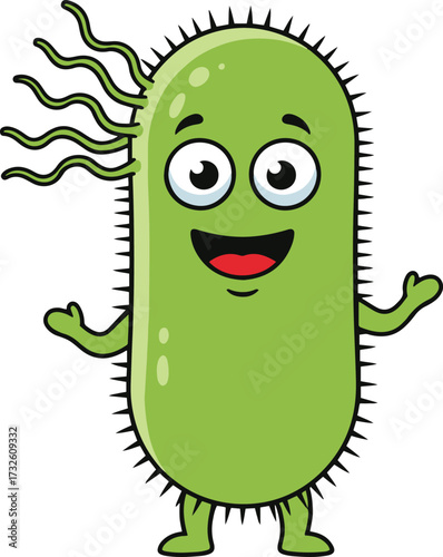 A cheerful, cartoon vector illustration of a green bacterium or microbe character, shaped like a rod (bacillus).