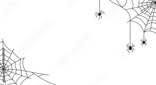 Halloween spooky black spider webs and dangling spiders border illustration on a white background with copy space