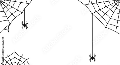 Halloween Spider Web and Hanging Spiders Frame Illustration on White Background