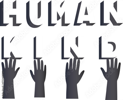 “Humankind Unity” An uplifting design featuring the word "HUMANKIND" in 3D letters held up by diverse hands, symbolizing unity, support, and the strength of shared humanity. Perfect for promoting toge