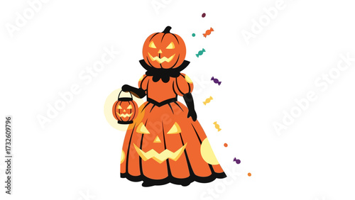 Whimsical Halloween Pumpkin Girl: A playful pumpkin-headed girl, emanating festive cheer, stands adorned in an elaborate costume, illuminated by a glowing lantern.