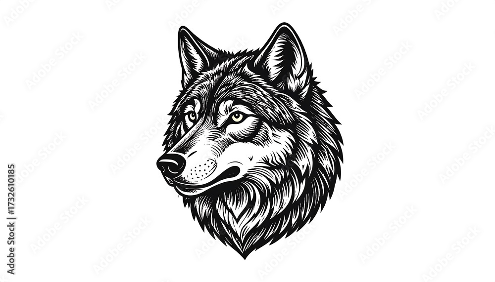 Obraz premium A detailed monochrome illustration of a wolf's head, showing its fur, eye, and snout against a white background