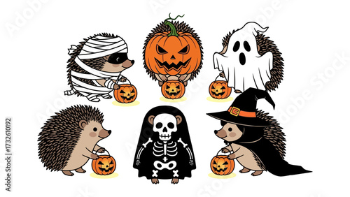 Halloween Hedgehog Extravaganza: A delightful ensemble of adorable hedgehogs dons Halloween costumes, each clutching a miniature jack-o'-lantern, ready to spark smiles and autumnal cheer.