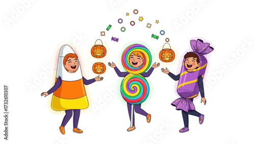 Festive Halloween Gathering: A whimsical illustration captures three children joyfully clad in festive costumes, surrounded by candies and pumpkin lanterns, creating a cheerful atmosphere. 