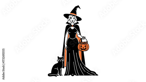 Witch and Cat: a bewitching witch holding a jack o lantern is standing beside a black cat, embodies Halloween spirit, captivating all viewers