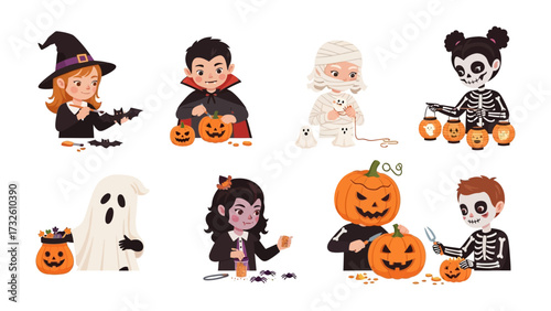 Halloween Costumes: A collection of enchanting characters in a vibrant illustration, celebrating the spooky and fun spirit of Halloween with playful attire and festive props.
