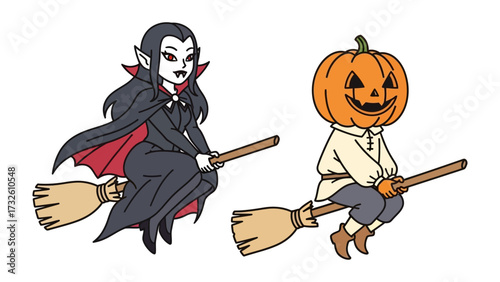 Whimsical Halloween Flyers: Two cartoon characters, a vampire and a pumpkin-headed figure, soar through the night sky on broomsticks, embodying the festive spirit. 