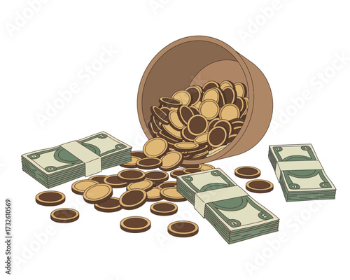 Bag of money and coins spilling out with stacks of cash