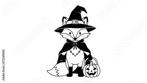 Halloween Fox: A charming fox, adorned in a witch's hat and cape, clutches a jack-o'-lantern, exuding playful Halloween spirit, perfect for seasonal graphics.