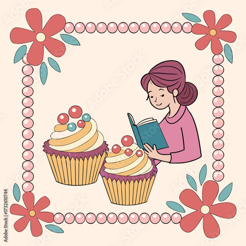 Woman reading book with cupcakes
