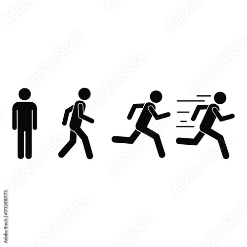 Human figure progression from standing still to fast running sequence icons silhouette
