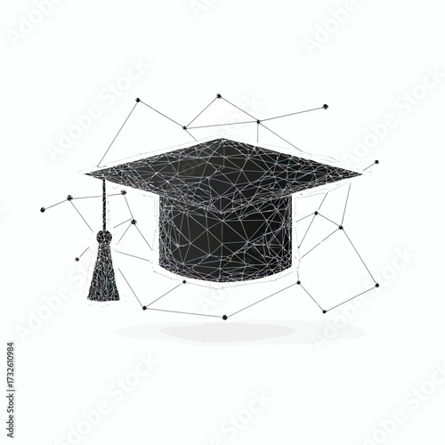 Abstract low polygonal wireframe graduation cap with connected nodes and lines on white background education concept vector illustration