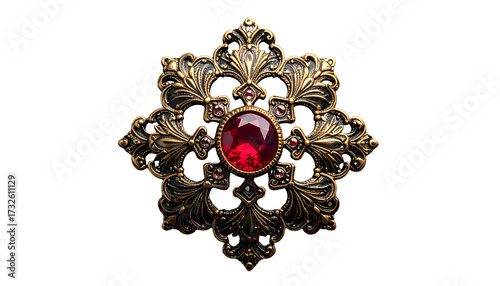 Antique brooch with a round red jewel, ornate design