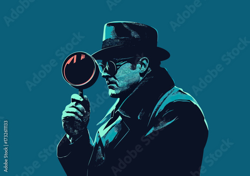Mysterious detective silhouette inspecting evidence through magnifying glass wearing trench coat and fedora hat in dark blue minimalist style