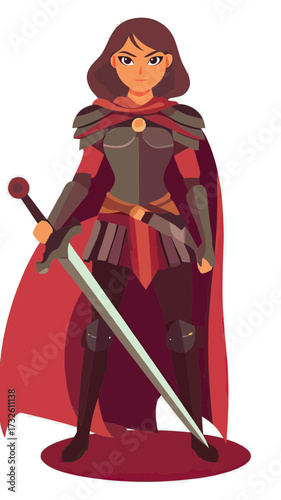 Confident female warrior character with sword and red battle armor cape standing strong in minimalist flat vector style