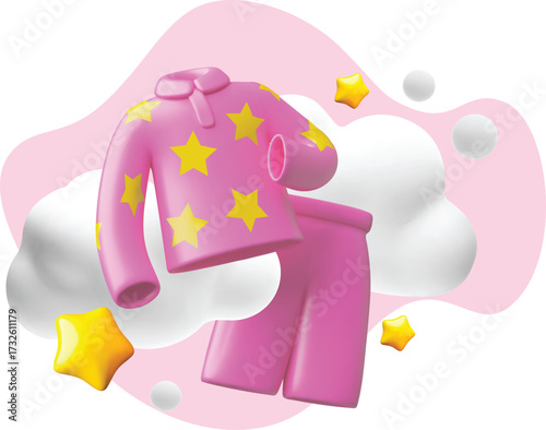 Pink pajamas decorated with stars vector 3D plastic style, women sleepwear in the sky with stars and clouds, sweet dream