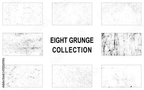 Collection of eight grunge dust and scratch texture. Vector bundle.