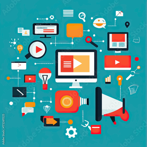 Digital video marketing and content creation concept with computer, play icons, megaphone, social media, and multimedia elements in flat vector style