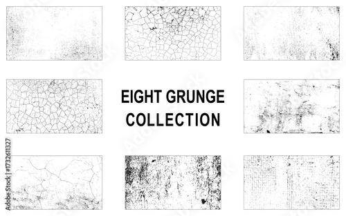 Collection of eight grunge dust and scratch texture. Vector bundle.