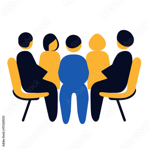 Abstract group therapy session icon with five diverse people sitting in circle on modern chairs discussing teamwork and support in flat minimalist style vector design