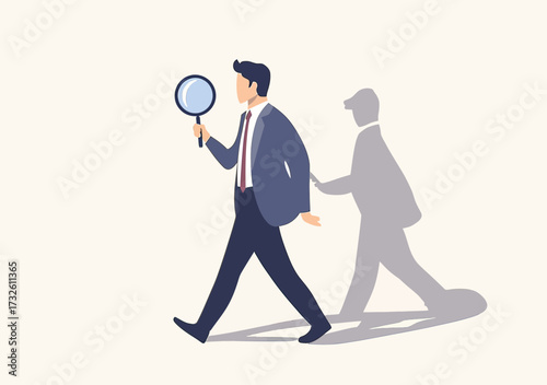 Businessman walking holding magnifying glass examining shadow silhouette concept of self analysis reflection and personal development in flat minimalist vector style