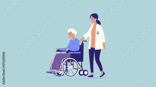Female nurse caregiver pushing elderly woman in wheelchair smiling during healthcare assistance and elderly care support concept vector illustration