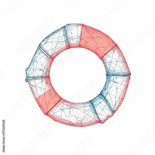 3D wireframe lifebuoy with red and white sections on white background, abstract polygonal safety ring illustration for protection and rescue concept in technology style
