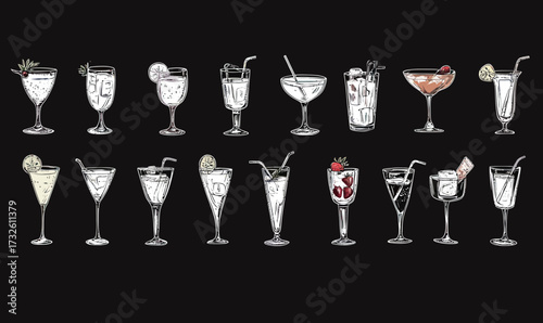Minimalist hand drawn white and clear cocktails set including martini, mojito, gin tonic, champagne, tropical, and mixed drinks with fruit garnish and straws on black background vector illustration