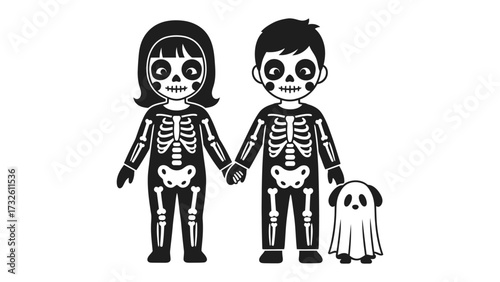 Spooky Duo: Two young figures in matching skeleton costumes stand hand-in-hand, accompanied by a spectral ghost, creating a fun and eerie illustration.