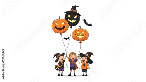 Halloween Spirit in Flight: Three young figures in spirited attire joyfully hold aloft a collection of thematic balloons. The air is filled with festive fun and the charm of Halloween!