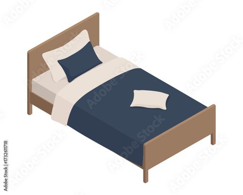 Cozy isometric bed with blue duvet and white linens