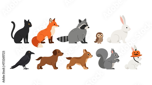 Animal Kingdom Parade: A vibrant cartoon illustration presents a diverse gathering of animals, each with unique characteristics and charm. From a sleek black cat to a cunning fox.
