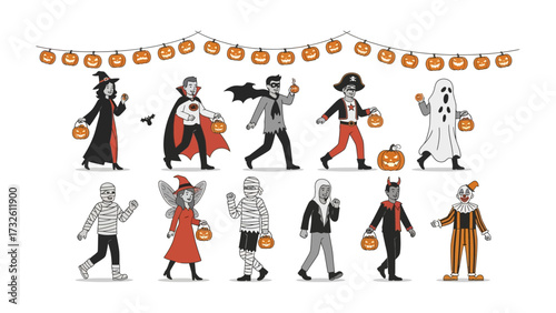 Halloween Costume Procession: a whimsical collection of creatively costumed individuals, each ready to revel in the spooky festivities, parade across the foreground.